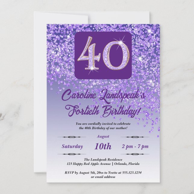 Festive Purple Glitter 40th Birthday Invitation (Front)