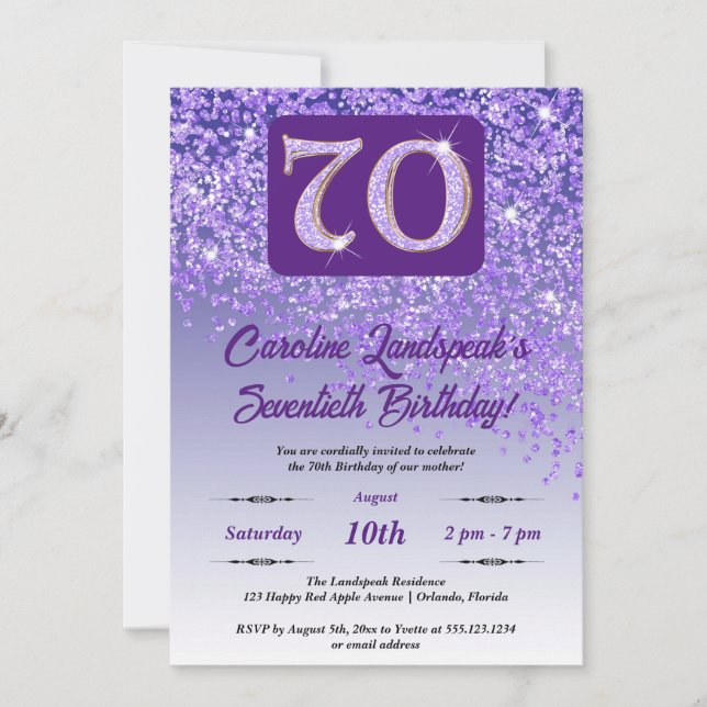 Festive Purple Glitter 70th Birthday Invitation (Front)