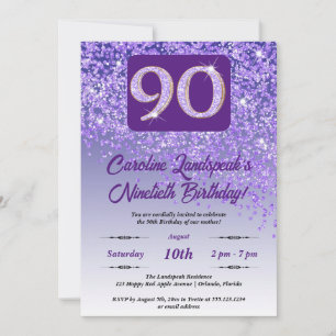 Festive Purple Glitter 90th Birthday Invitation