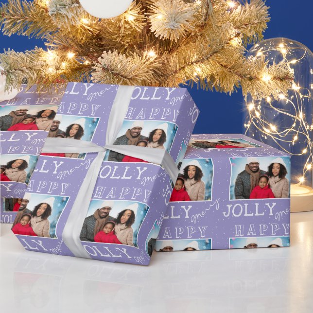 Festive Purple Jolly Merry Christmas Family Photo Wrapping Paper (Holidays)