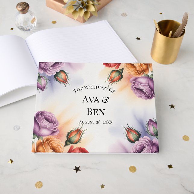 Festive Purple Orange and Red Roses Wedding Guest Book (Front Open)