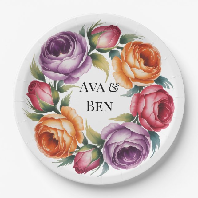 Festive Purple Orange and Red Roses Wedding Paper Plate (Front)