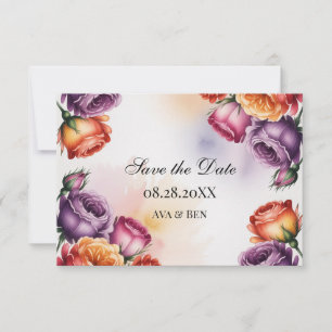 Festive Purple Orange and Red Roses Wedding Save The Date