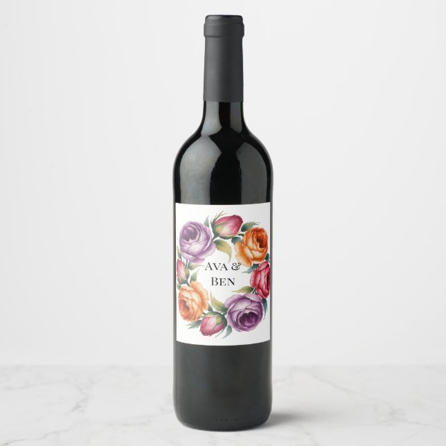 Festive Purple Orange and Red Roses Wedding Wine Label (Front)