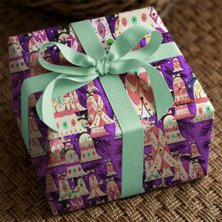 Festive Purple Retro Christmas Bells Wrapping Paper