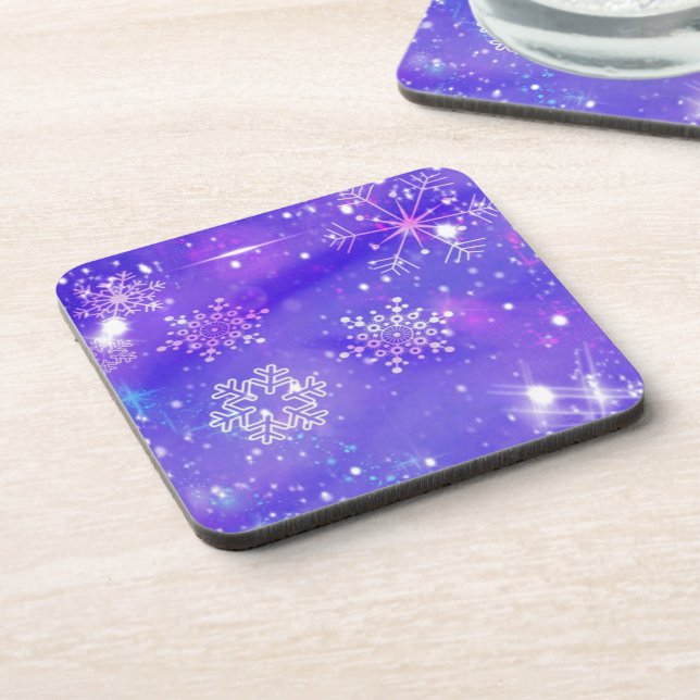 Festive Purple Snowflake Stars Christmas Party Coaster (Left Side)