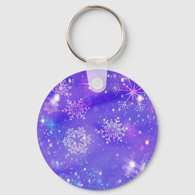 Festive Purple Snowflake Stars Christmas Party Key Ring (Front)