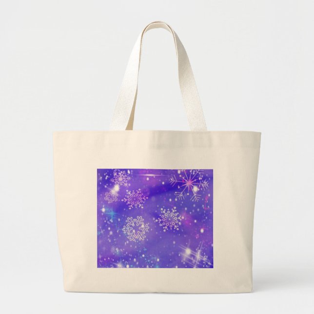 Festive Purple Snowflake Stars Christmas Party Large Tote Bag (Front)