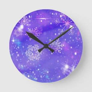 Festive Purple Snowflake Stars Christmas Party Round Clock