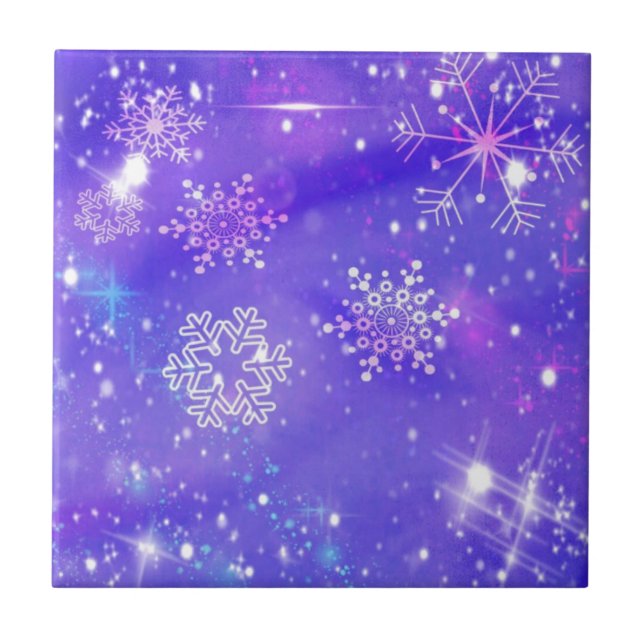 Festive Purple Snowflake Stars Christmas Party Tile (Front)