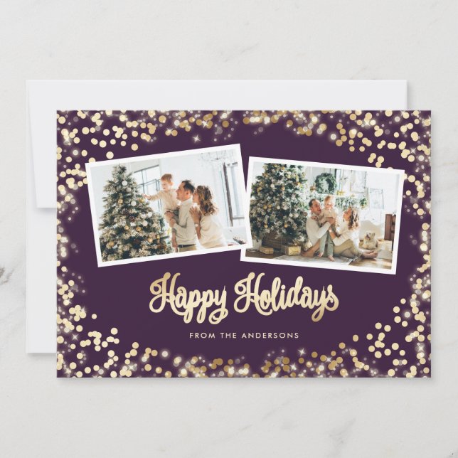 Festive Purple Twinkle Lights Stars Photo Holiday Card (Front)