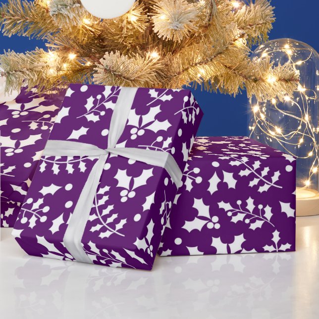 Festive Purple & White Christmas Holly Pattern Wrapping Paper (Holidays)