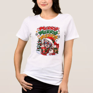 Festive Racoon Christmas Tree Hot Cocoa Merry Tri-Blend Shirt