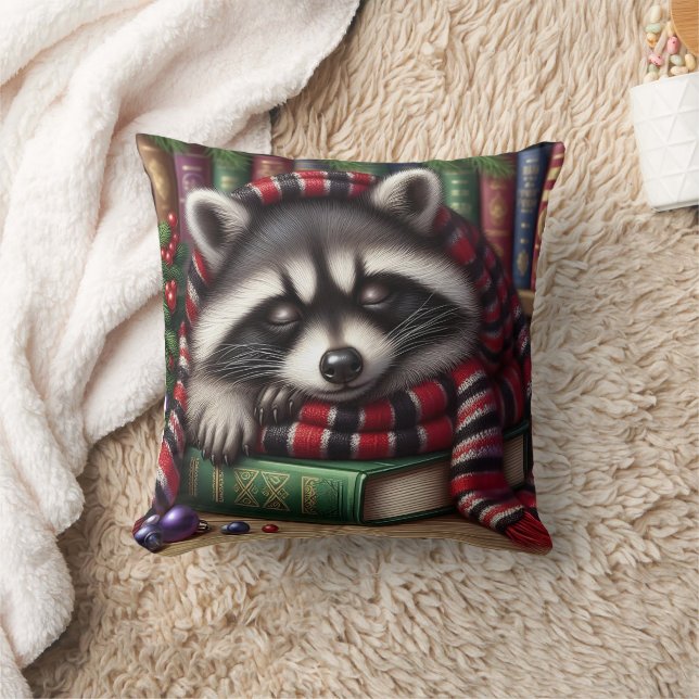 Festive Racoon sleep over books Cushion (Blanket)