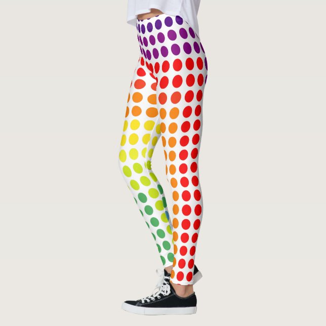 Festive Rainbow of Colour Large Polka Dots on WHIT Leggings (Left)