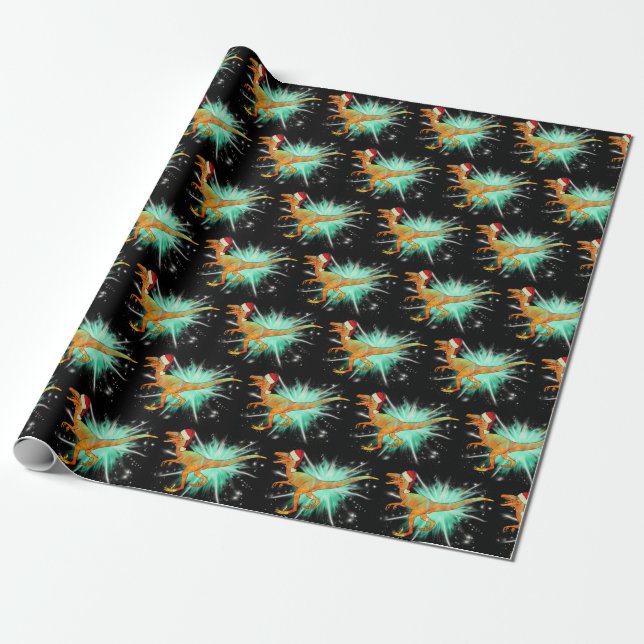 Festive Raptor Star Velociraptor Xmas Dinosaur Art Wrapping Paper (Unrolled)