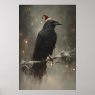 Festive Raven On Snowy Branch, Gothic Woodland Poster