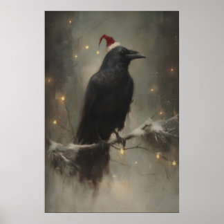 Festive Raven On Snowy Branch, Gothic Woodland Poster