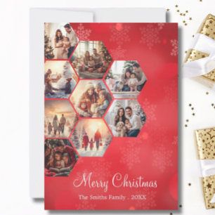 Festive Red 9 Photo Collage Modern Christmas Holiday Card