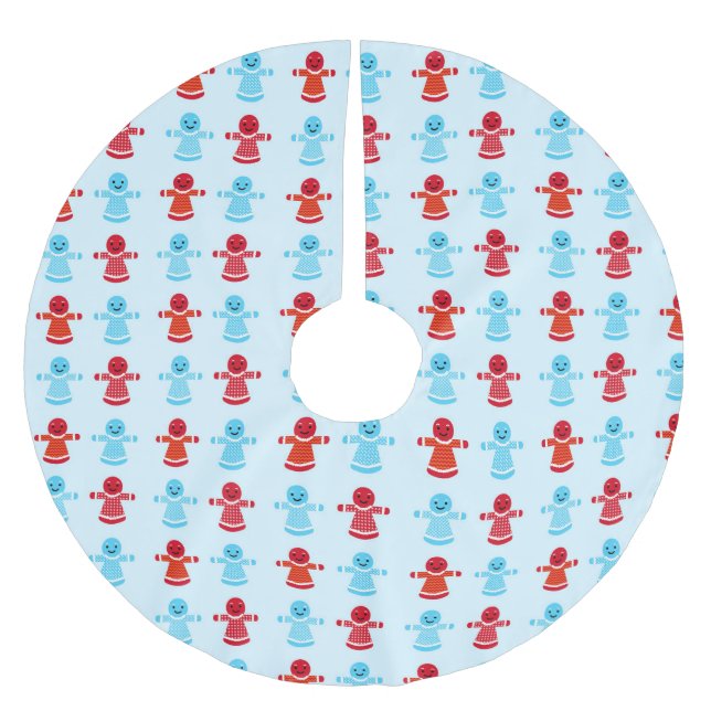 Festive red and blue cheer gingerbread pattern brushed polyester tree skirt (Front)