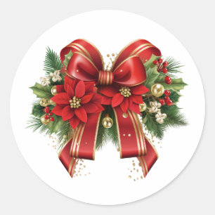 Festive Red and Gold Christmas Bow Classic Round Sticker