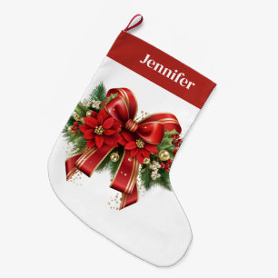 Festive Red and Gold Christmas Bow Large Christmas Stocking