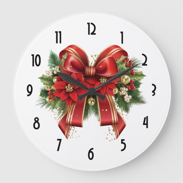Festive Red and Gold Christmas Bow Large Clock (Front)