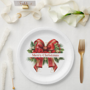 Festive Red and Gold Christmas Bow Paper Plate