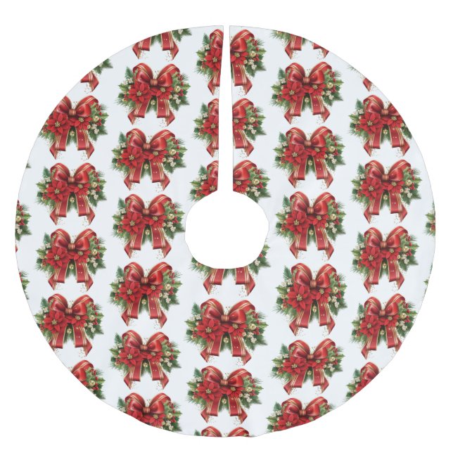 Festive Red and Gold Christmas Bow Pattern Brushed Polyester Tree Skirt (Front)