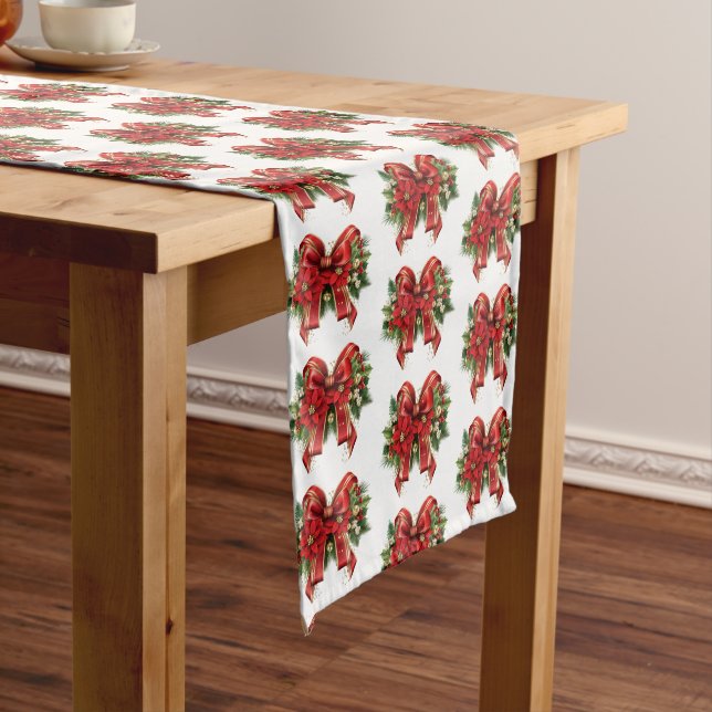 Festive Red and Gold Christmas Bow Pattern Medium Table Runner (In Situ)