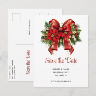 Festive Red and Gold Christmas Bow Save the Date Invitation Postcard