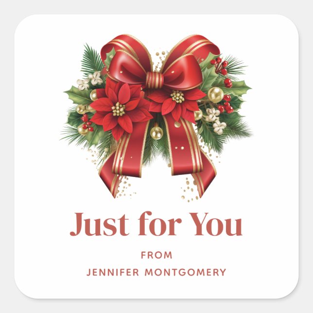 Festive Red and Gold Christmas Bow Square Sticker (Front)