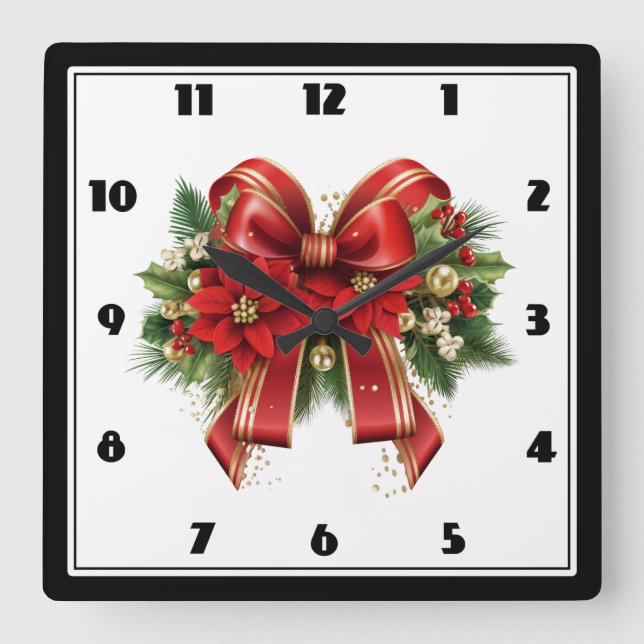 Festive Red and Gold Christmas Bow Square Wall Clock (Front)