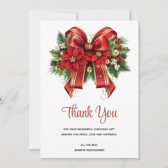 Festive Red and Gold Christmas Bow Thank You Card (Front)