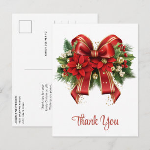 Festive Red and Gold Christmas Bow Thank You Postcard