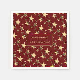 Festive Red and Gold Christmas Stars Add Name Napkin