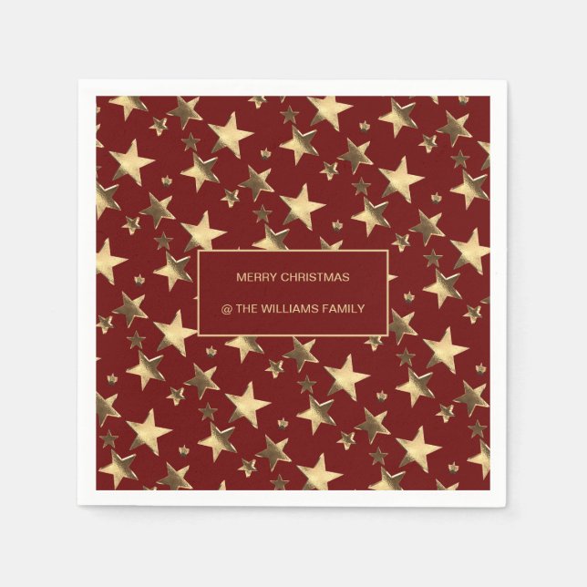 Festive Red and Gold Christmas Stars Add Name Napkin (Front)