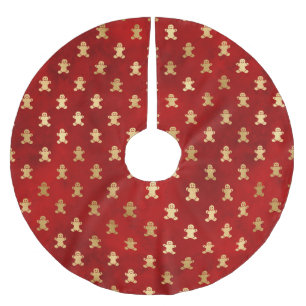 Festive Red and Gold Foil Winter Gingerbread Man Brushed Polyester Tree Skirt