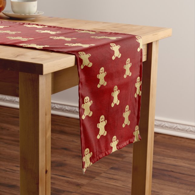 Festive Red and Gold Foil Winter Gingerbread Man Short Table Runner (In Situ)