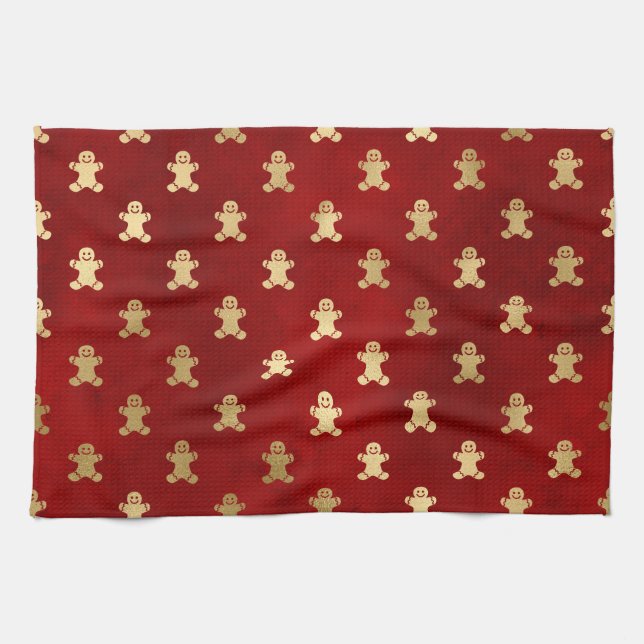Festive Red and Gold Foil Winter Gingerbread Man Tea Towel (Horizontal)