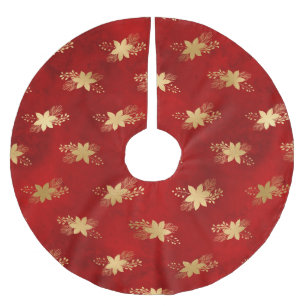 Festive Red and Gold Foil Winter Poinsettia Brushed Polyester Tree Skirt