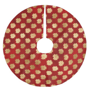Festive Red and Gold Foil Winter Poinsettia Flower Brushed Polyester Tree Skirt