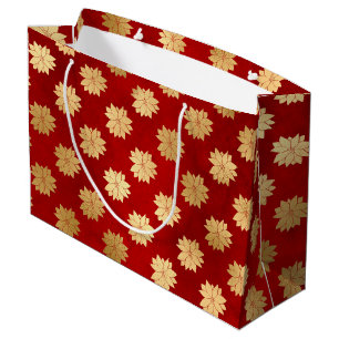 Festive Red and Gold Foil Winter Poinsettia Flower Large Gift Bag