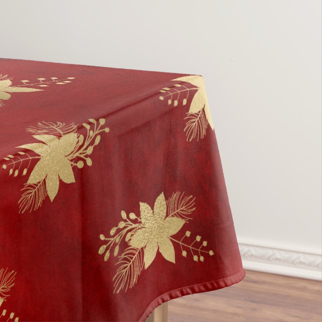 Festive Red and Gold Foil Winter Poinsettia Tablecloth (In Situ)