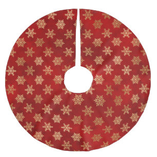 Festive Red and Gold Foil Winter Snowflakes Brushed Polyester Tree Skirt