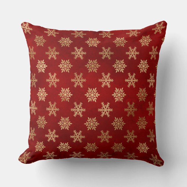 Festive Red and Gold Foil Winter Snowflakes Cushion (Front)
