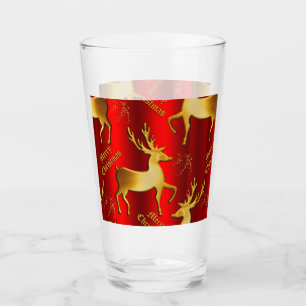 Festive Red and Gold Reindeer Merry Christmas Glass