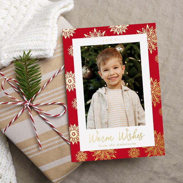 Festive Red and Gold Snowflakes Photo Foil Holiday Card (Creator Uploaded)