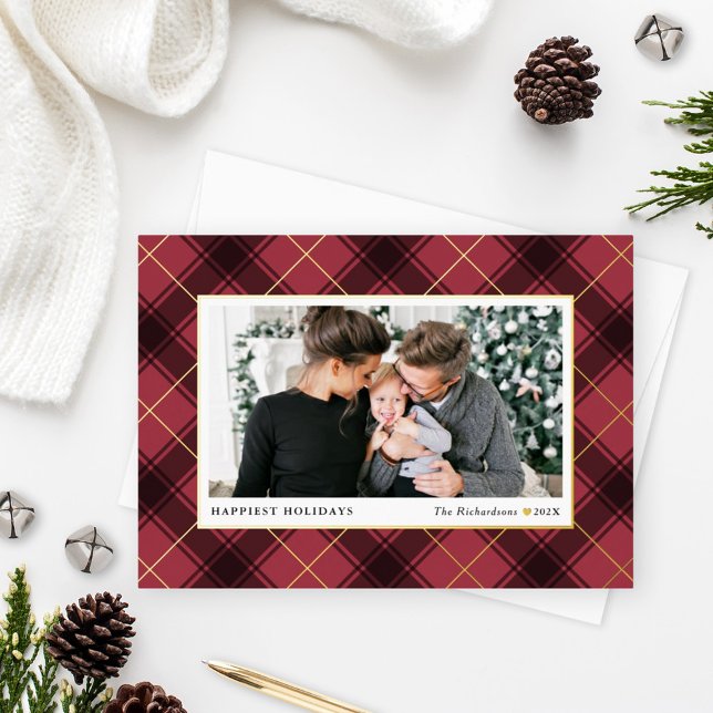 Festive Red and Gold Tartan Plaid Photo Foil Holiday Card (Creator Uploaded)