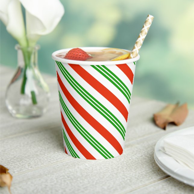 Festive Red and Green Candy Cane Striped Christmas Paper Cups (Insitu)
